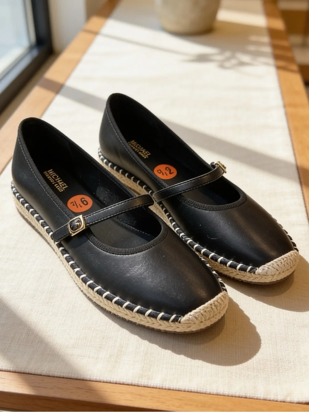 New Michael Kors Black Leather Mary Jane Espadrille Flats with Jute Trim Size 9.